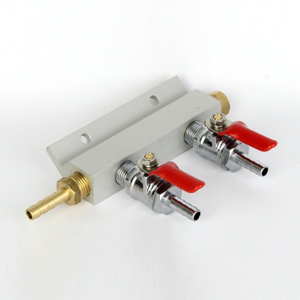 2 OUTPUT / 2 WAY GAS LINE MANIFOLD SPLITTER WITH CHECK VALVES (1/4INCH THREAD, 6MM BARB)